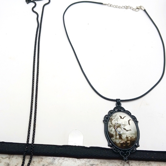 Gothic Metal Cameo Choker Graveyard Scene Necklace with Chain + Gift Box New - Picture 3 of 10